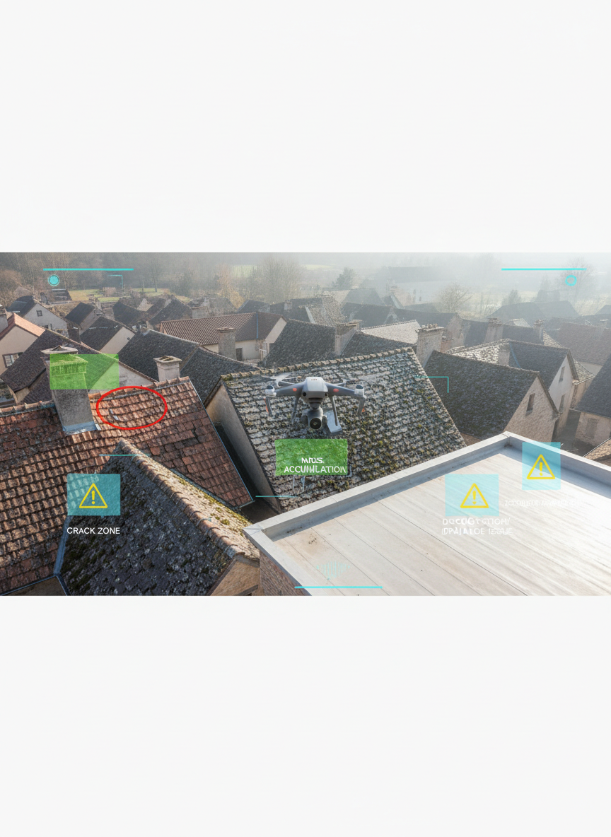 A cinematic panoramic view of multiple adjoining rooftops in a small European village, each roof constructed from different materials: terracotta tiles, aged slate, and flat membrane. Subtle semi-transparent overlays and icons mark inspection zones, highlighting areas with moss, cracks, and discoloration, as if in a digital diagnostic report. A small drone appears in mid-flight near the center roof, its camera oriented downward. The scene is captured during bright but slightly hazy daylight, providing soft, even illumination over the entire village. Shot from a high bird’s-eye perspective with sharp focus throughout, the composition feels like a clean, modern technical illustration rendered in photographic realism, conveying comprehensive roof analysis and maintenance planning by drone.