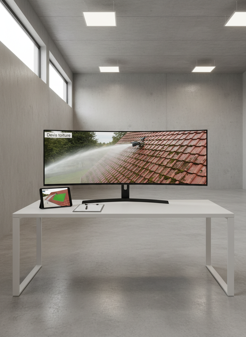 A spacious industrial warehouse-style control room interior with a large ultra-wide monitor displaying a live aerial video feed of a tiled roof being cleaned by a drone. The screen shows precise details of moss removal and water spray patterns. On the sleek white desk are neatly arranged professional tools such as a tablet with a 3D roof model, a pen, and a clean clipboard with a visible label ‘Devis toiture’. Neutral grey walls and minimalist decor create a focused environment. Daylight from a high side window combines with soft overhead LED lighting, producing a bright, glare-free atmosphere. Photographic realism with a centered, eye-level composition emphasizes technology, accuracy, and rapid quotation analysis.
