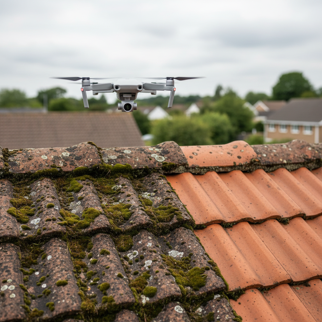 A close-up, highly detailed view of an aged terracotta tile roof, its surface partially covered by thick green moss and dark stains, with a freshly cleaned area revealing warm orange-red tiles beneath. A compact inspection drone floats just above the tiles, its camera gimbal pointed straight down, capturing 4K video. The surrounding environment shows blurred outlines of a quiet residential neighborhood in the background. Soft overcast daylight provides even, diffused lighting, eliminating harsh shadows and highlighting texture and cleanliness. Shot from a slightly elevated angle, the composition uses rule of thirds to place the drone off-center, creating a calm, technical, and professional mood with photographic realism and a clean, modern aesthetic.