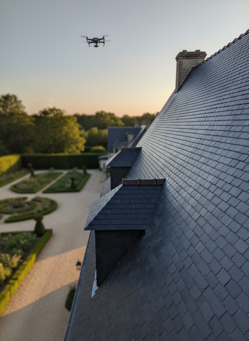 A traditional French house with a steep slate roof seen from a high diagonal angle, the entire roof surface uniformly clean and free of moss, with subtle, crisp reflections on each slate tile. In the distance, a small professional drone flies away, becoming a minor element in the sky, suggesting the work is complete. The property is surrounded by a manicured garden, light gravel driveway, and orderly hedges, all slightly blurred to keep the focus on the immaculate roof. Warm late-afternoon sunlight casts soft, elongated shadows, giving the image a reassuring, professional mood. Photographic realism and a balanced composition convey reliability, durability, and high-end roof care.
