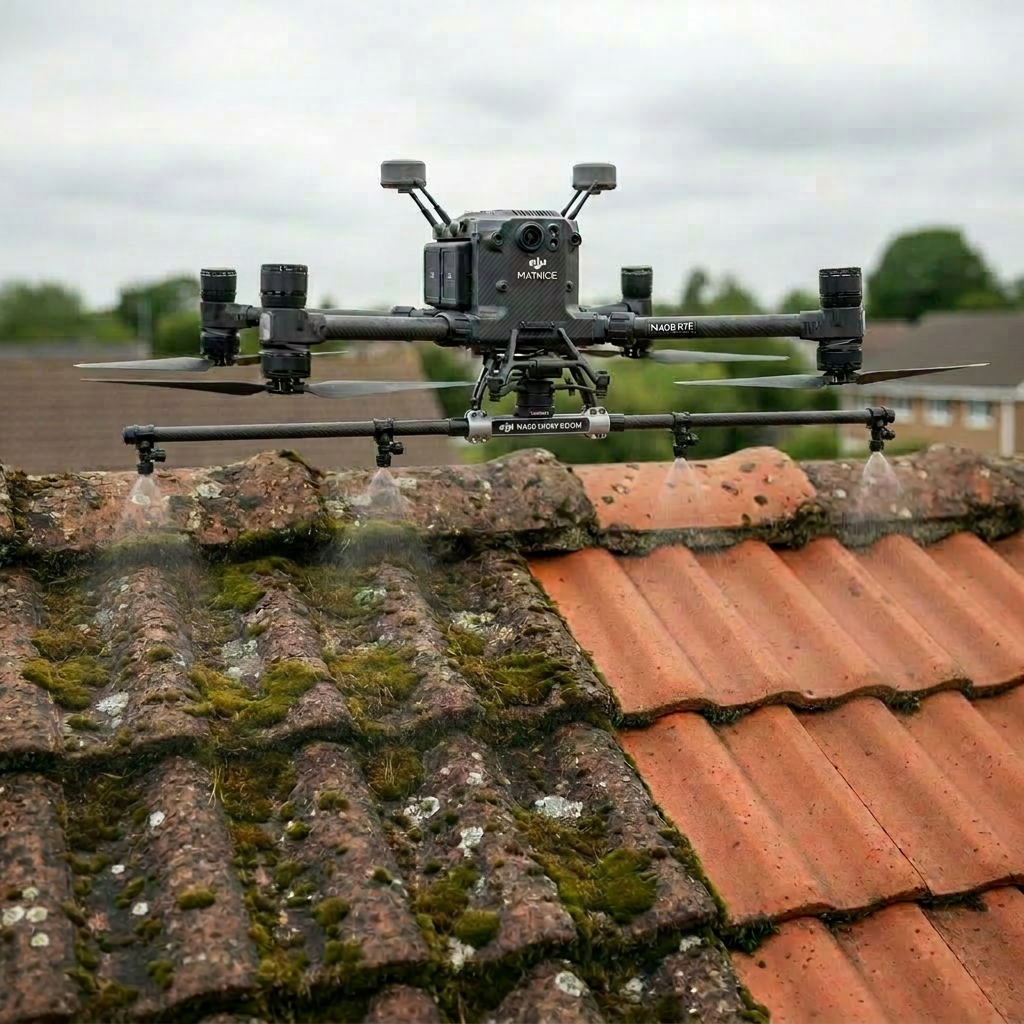 A close-up, highly detailed view of an aged terracotta tile roof, its surface partially covered by thick green moss and dark stains, with a freshly cleaned area revealing warm orange-red tiles beneath. A compact inspection drone floats just above the tiles, its camera gimbal pointed straight down, capturing 4K video. The surrounding environment shows blurred outlines of a quiet residential neighborhood in the background. Soft overcast daylight provides even, diffused lighting, eliminating harsh shadows and highlighting texture and cleanliness. Shot from a slightly elevated angle, the composition uses rule of thirds to place the drone off-center, creating a calm, technical, and professional mood with photographic realism and a clean, modern aesthetic.