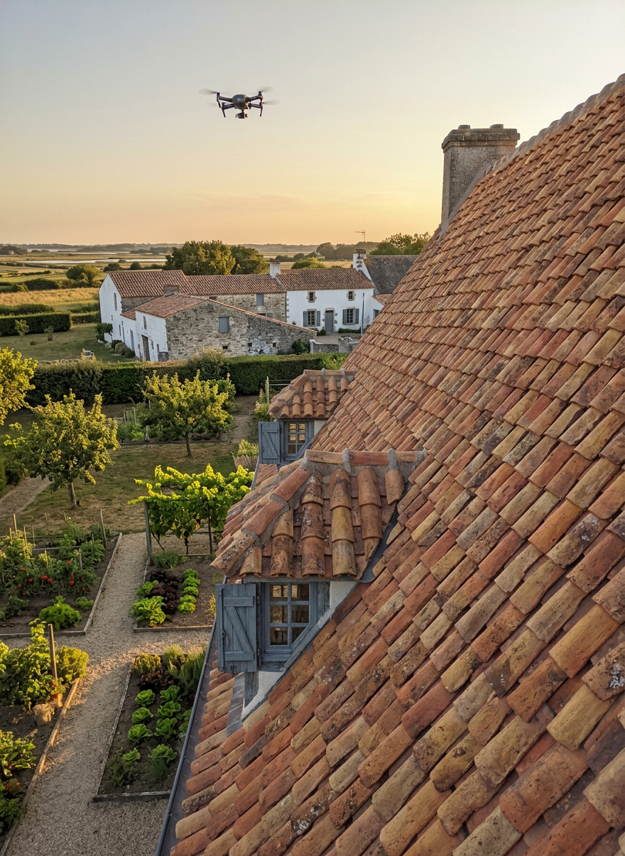A traditional French house with a steep slate roof seen from a high diagonal angle, the entire roof surface uniformly clean and free of moss, with subtle, crisp reflections on each slate tile. In the distance, a small professional drone flies away, becoming a minor element in the sky, suggesting the work is complete. The property is surrounded by a manicured garden, light gravel driveway, and orderly hedges, all slightly blurred to keep the focus on the immaculate roof. Warm late-afternoon sunlight casts soft, elongated shadows, giving the image a reassuring, professional mood. Photographic realism and a balanced composition convey reliability, durability, and high-end roof care.